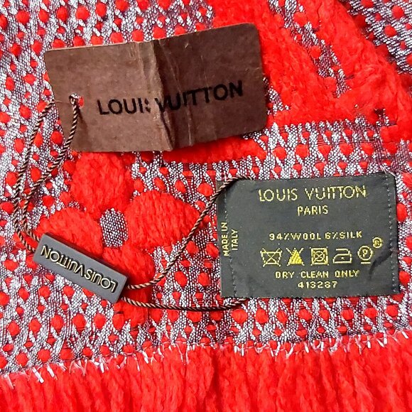 LOUIS VUITTON LV Classic Vintage Red & Metallic Silver Monogram Scarf VWT - Picture 13 of 14